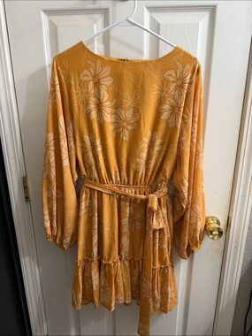 Flying Tomato Mustard Floral Long Sleeve Tie-Waist Dress